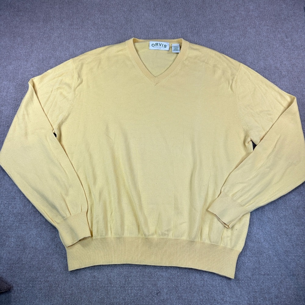 Orvis Mens V-Neck Sweater Large Yellow Cotton Silk Cashmere Blend Pullover